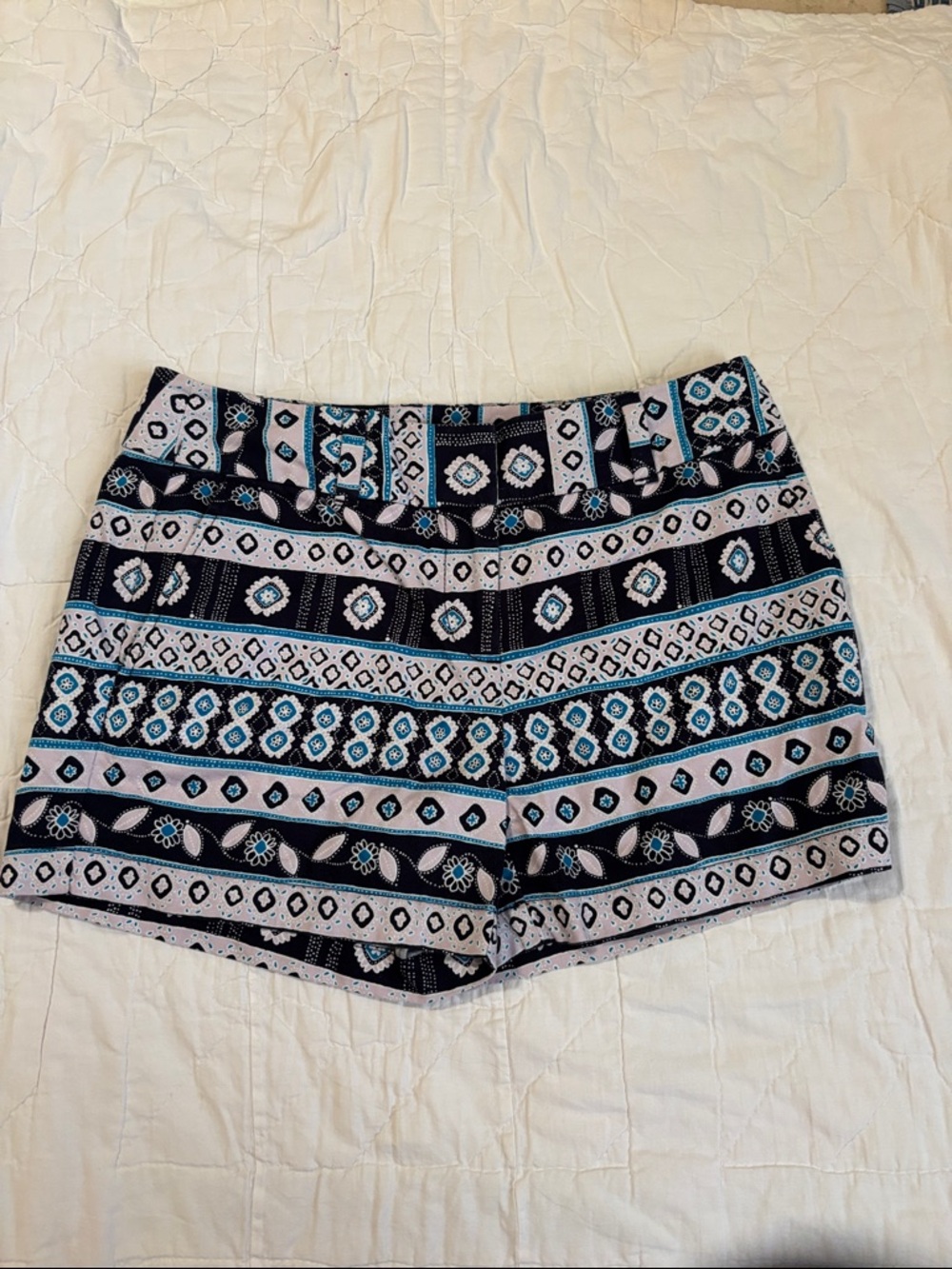 LOFT Navy, White & Teal Patterned Bermuda Shorts - Picture 1 of 4